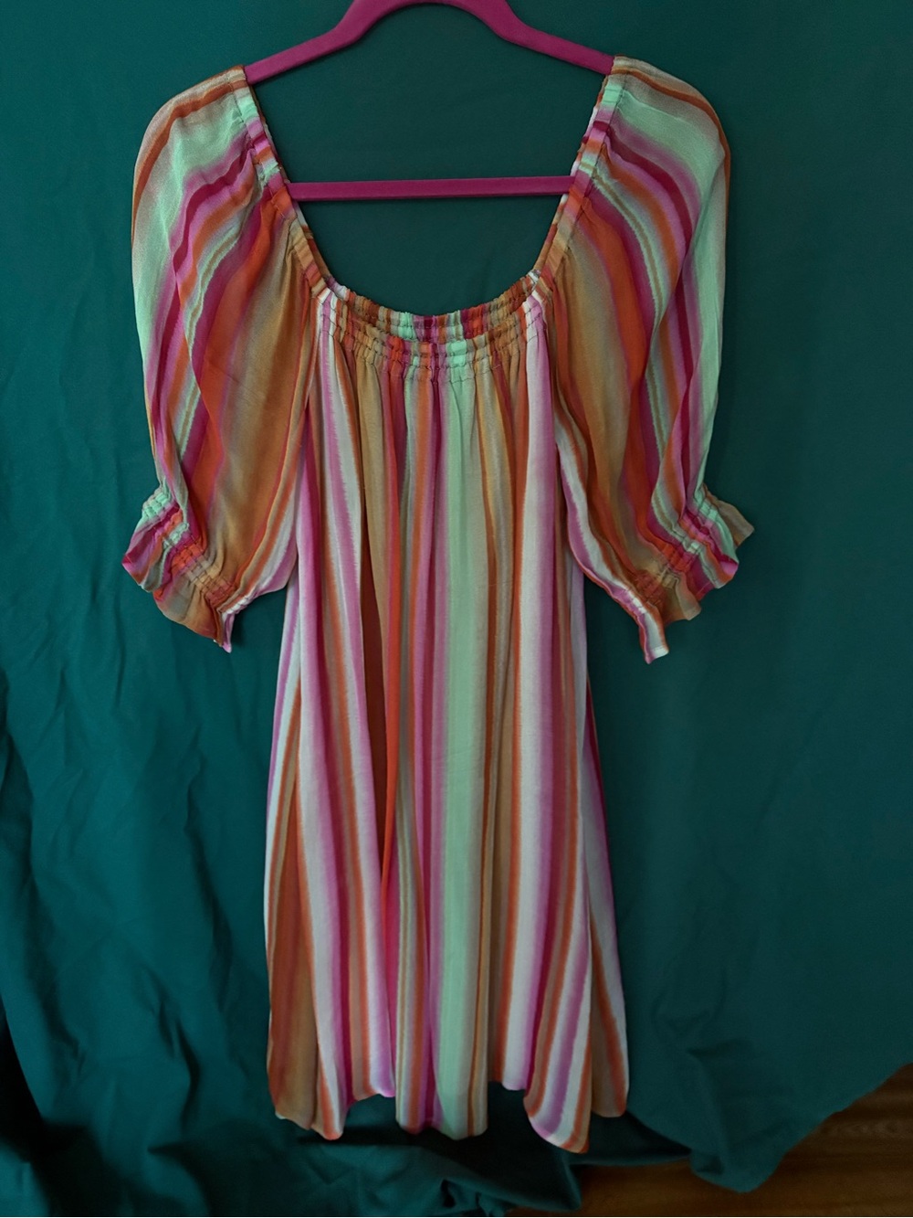 Off-Shoulder Mini Dress in Pink & Orange light green pastel Stripe